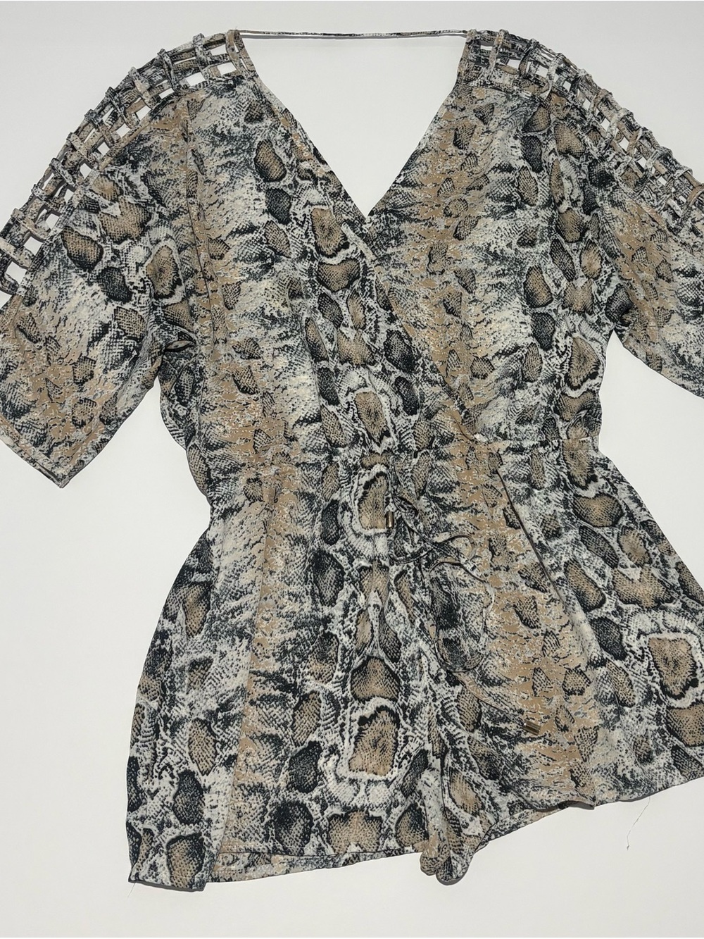 Aakaa Snake-Print Wrap romper in Beige and Black